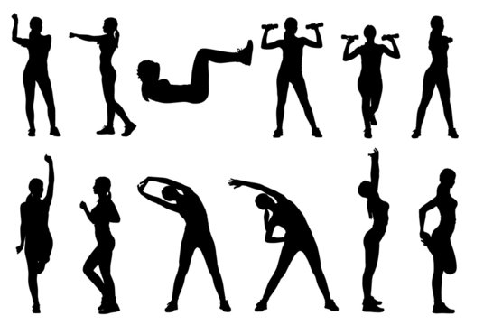 Set  of various woman sports fitness exercising silhouettes