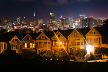 The Painted Ladies and San Francisco Skyline at night, seen from