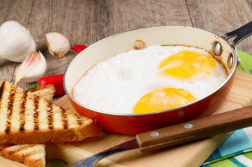 Fried eggs in pan