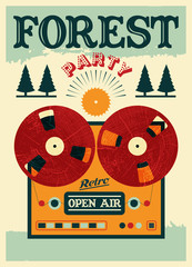 Vintage open air forest party poster. Vector illustration.