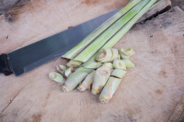 lemongrass and knife on the chopping block