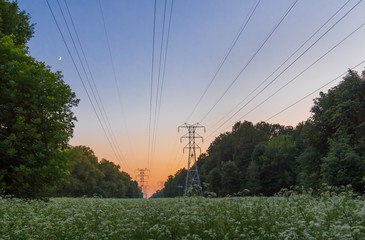 Summer evening landscape with high-voltage power line