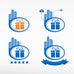 Gift box vector icon icon on city background.