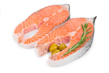 Two fresh salmon steaks.