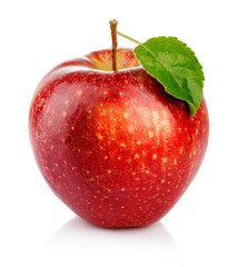 Red apple with green leaf isolated on a white