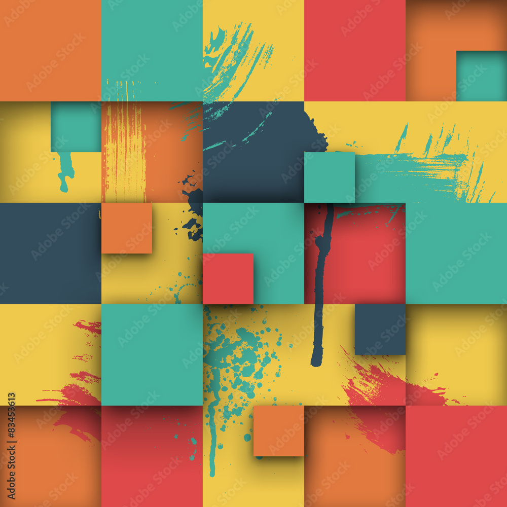 Poster abstract texture with squares and paint splashes.