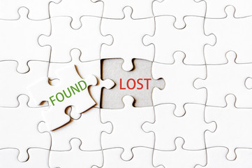Missing jigsaw puzzle piece with word FOUND