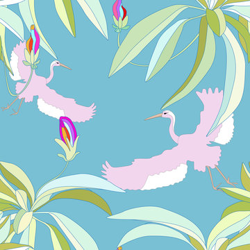 Flying cranes in the flowering garden,, seamless wallpaper