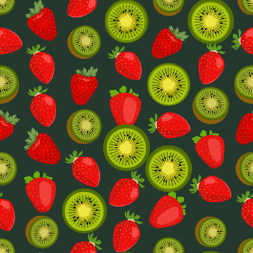 Seamless colorful background made of strawberry and kiwi in flat