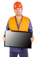 Workman with lcd monitor. 