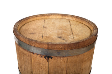 Bottom oak barrel with steel rings on a white background
