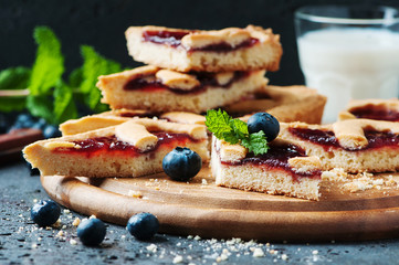Homemade blueberry tart with mint