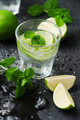 Mojito cocktail in a bur on a rustic table