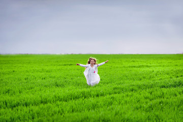 beautiful little girl on a green meadow