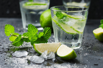 Mojito cocktail in a bur on a rustic table