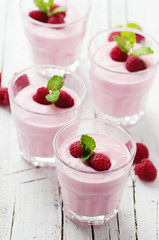 Homemade yogurt with raspberry and mint