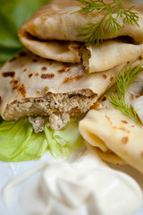 Crepes with the chicken, mushroom, lettuce 