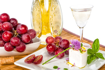 Grapes. cheese and wine