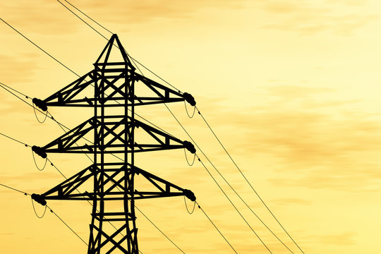 High Voltage Electric Poles in the Sunset Sunrise 3D artwork