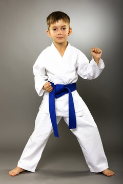 Portrait of a karate kid in kimono ready to fight