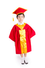 Cute Little Boy Wearing Red Gown Kid Graduation With Mortarboard
