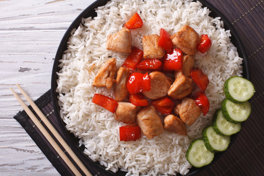 Rice with chicken and vegetables closeup. Top view
