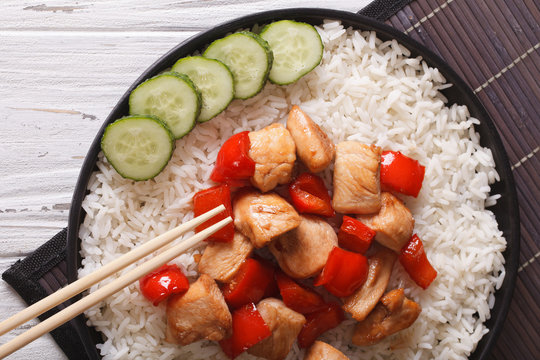 rice with chicken and teriyaki sauce horizontal top view
