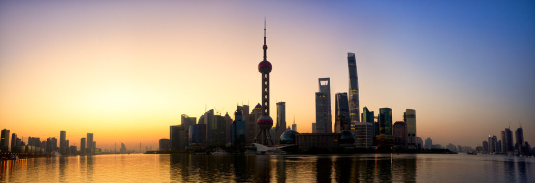 Pudong skyline panorama at sunrise, Shanghai, China