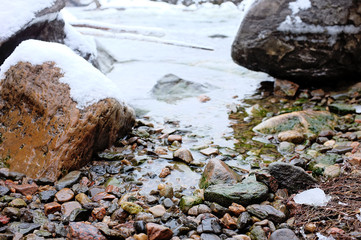 Fototapeta na wymiar Stones in river covered with snow