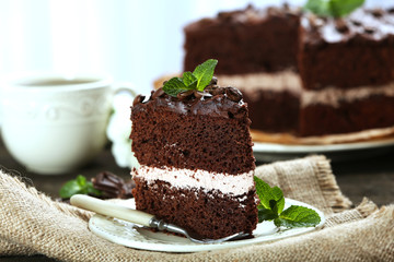Delicious chocolate cake on table on light background