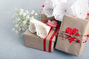 Beautiful gifts on grey background. Valentine Day concept