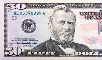 Close-up view of a 50 dollar United States treasury bill.