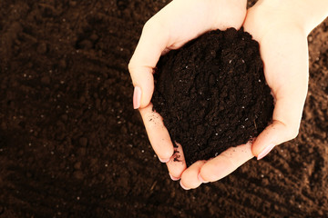 Female handful of soil, closeup