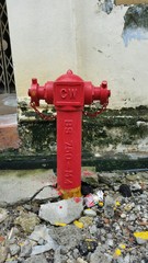 Red hydrant on the background wall