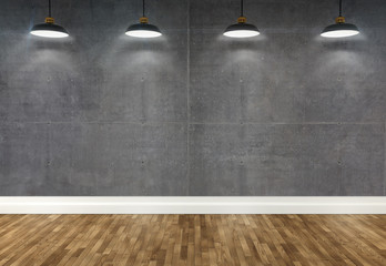 3d concrete  room with ceiling lamps