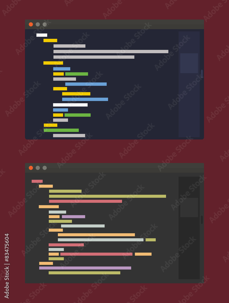 Poster two color themes of developer code editor, flat design