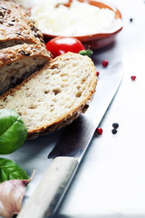 Tomatoes, fresh bread, cheese and basil
