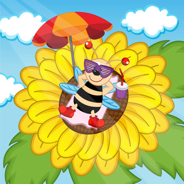 bee sunbathing on sunflower - vector illustration, eps