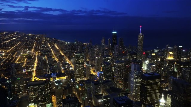 Aerial view of illuminated Chicago by night 
