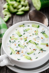 Cold soup with cucumbers, yogurt and fresh herbs