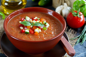 Fresh gazpacho on a wooden table