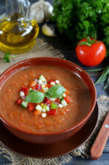 Fresh gazpacho on a wooden table