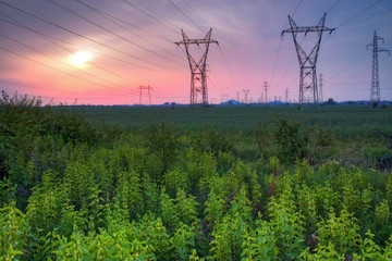 Sunset over High-voltage power lines