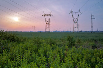 Sunset over High-voltage power lines