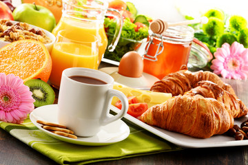 Composition with breakfast on the table. Balnced diet.