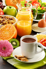 Composition with breakfast on the table. Balnced diet.