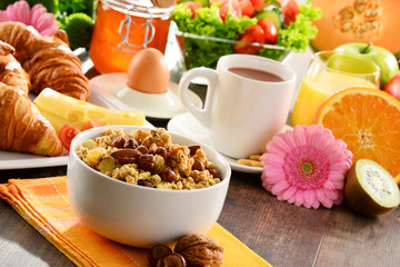 Composition with breakfast on the table. Balnced diet.