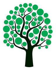 Black vector tree with green leafs.