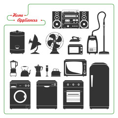 Scaled monochromatic home appliances vector illustration. Retro