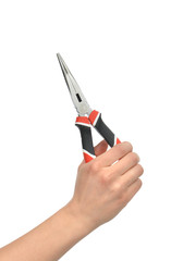 Woman Hand holding big pliers with black and red handles